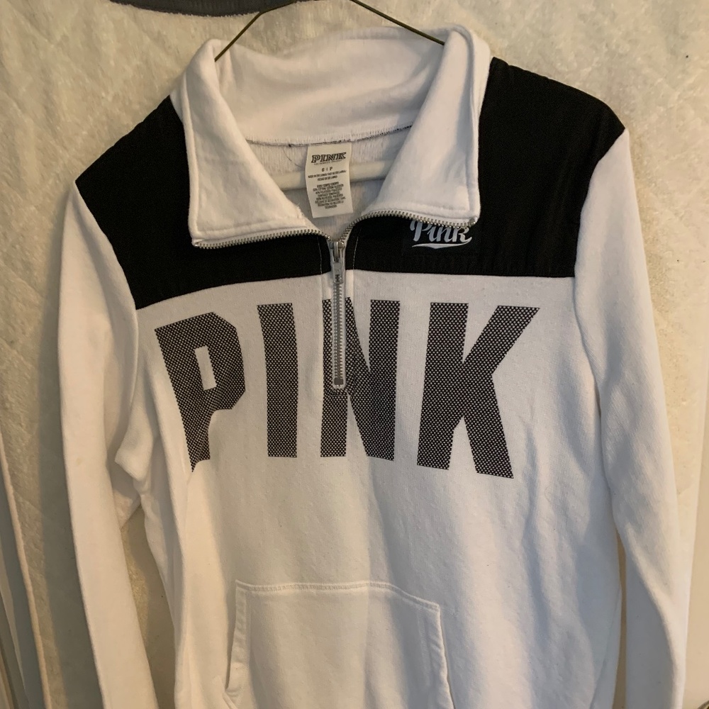 Pink by Victoria Secret white Hoodie with zip front and black detail S